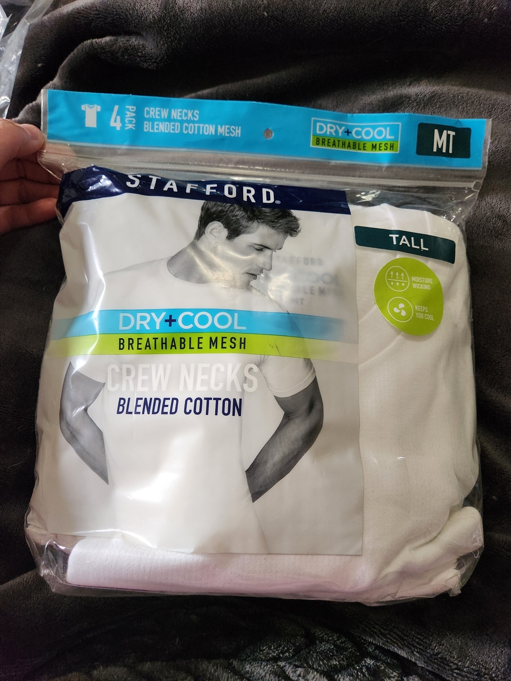 Stafford Dry+Cool White Crew Neck Blended Cotton T-Shirts - Tall, Pack of 4